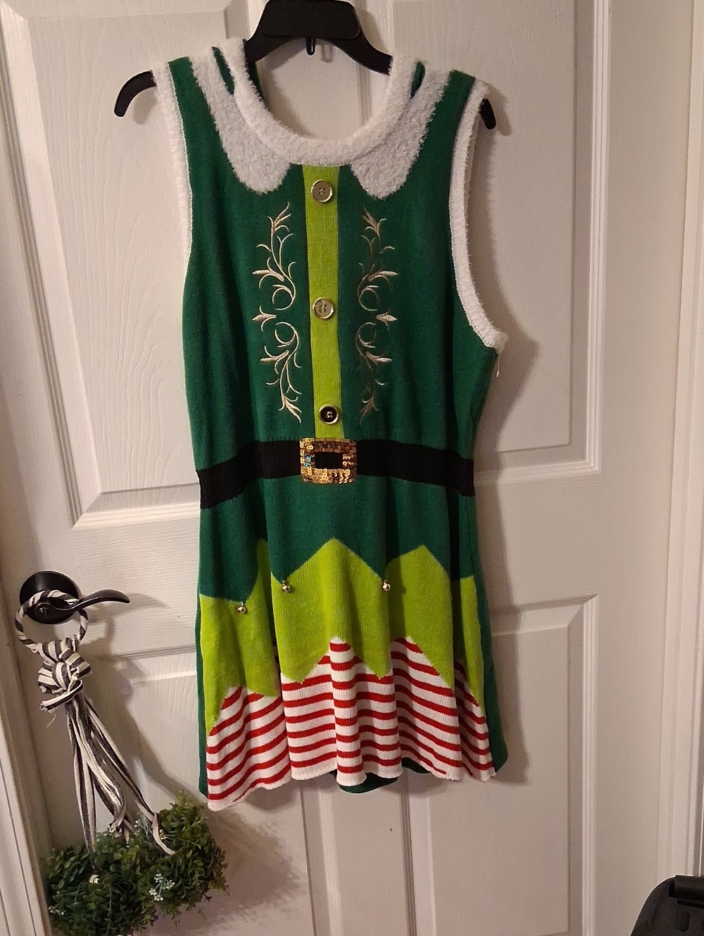 Junior XL (15-17) Green & Lime Elf Costume Dress with Red Stripe Skirt